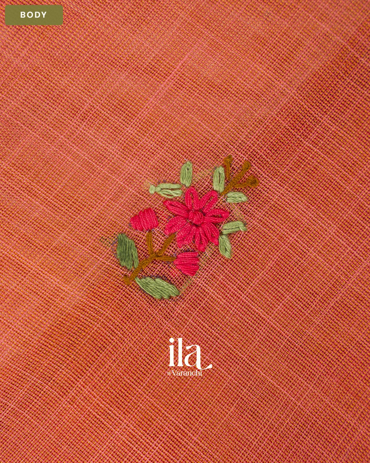 Coral Orange Embroidered Semi Linen Tissue Saree — Body