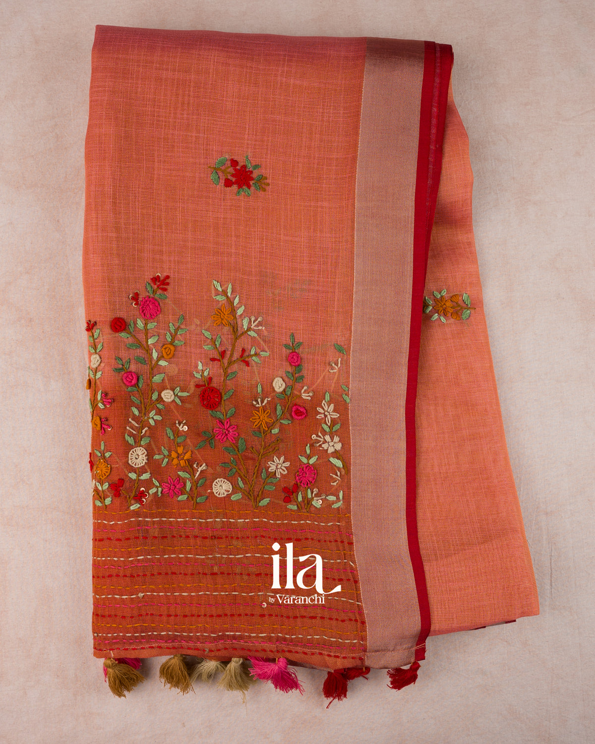 Coral Orange Embroidered Semi Linen Tissue Saree — Full Saree