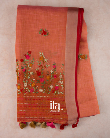 Coral Orange Embroidered Semi Linen Tissue Saree — Full Saree