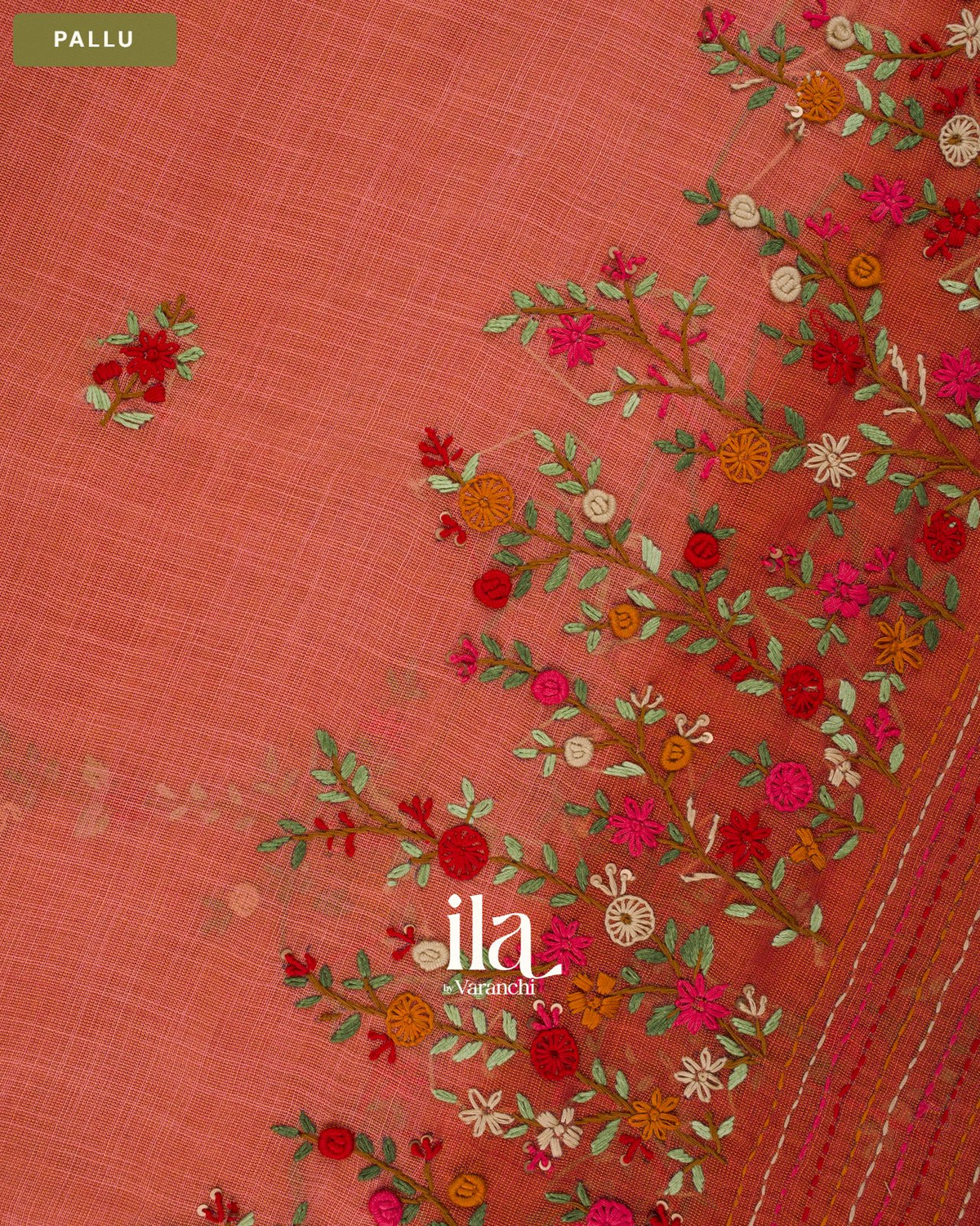Coral Orange Embroidered Semi Linen Tissue Saree — Pallu
