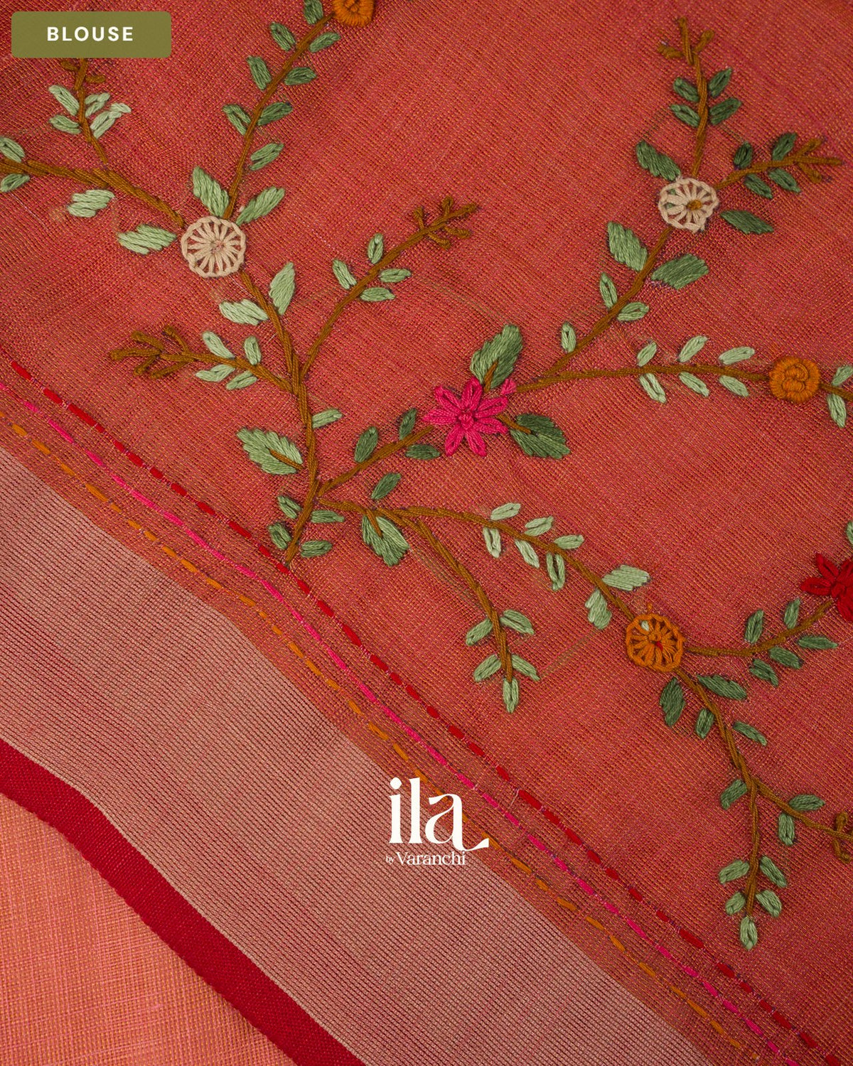 Coral Orange Embroidered Semi Linen Tissue Saree — Blouse