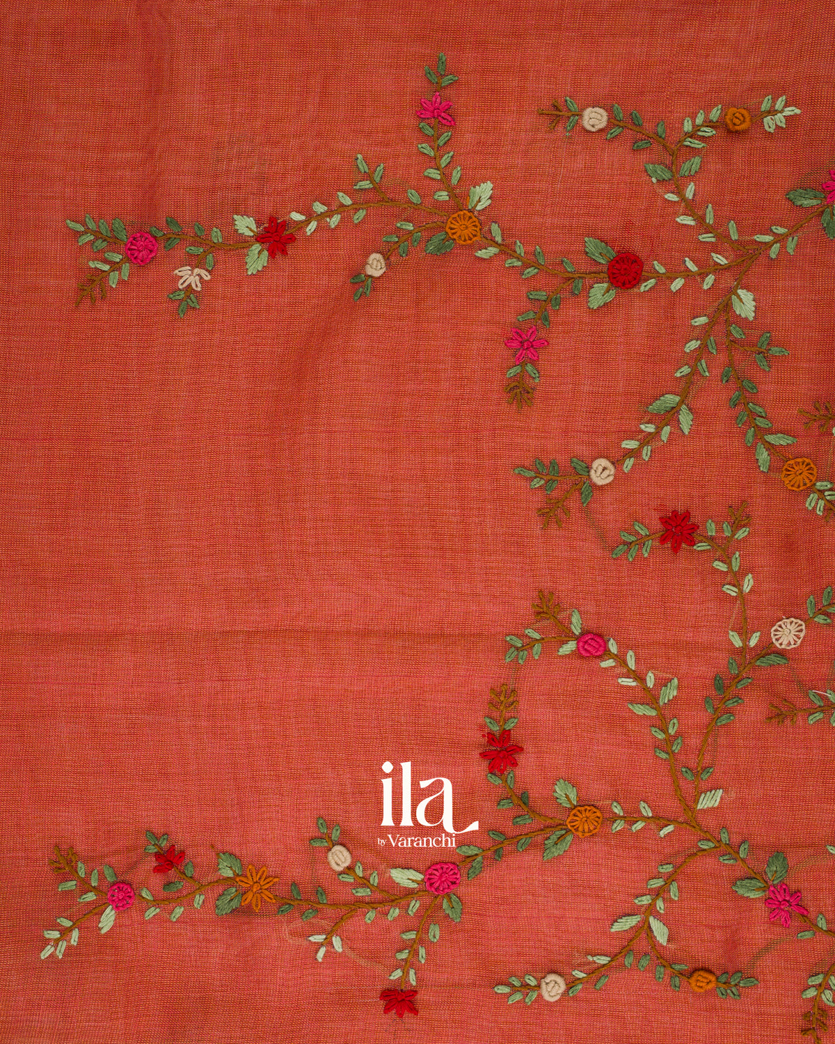 Coral Orange Embroidered Semi Linen Tissue Saree