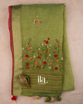 Olive Green Embroidered Semi Linen Tissue Saree — Folded