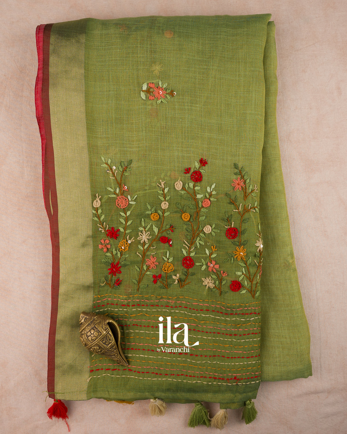 Olive Green Embroidered Semi Linen Tissue Saree — Folded