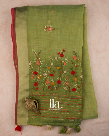 Olive Green Embroidered Semi Linen Tissue Saree — Folded