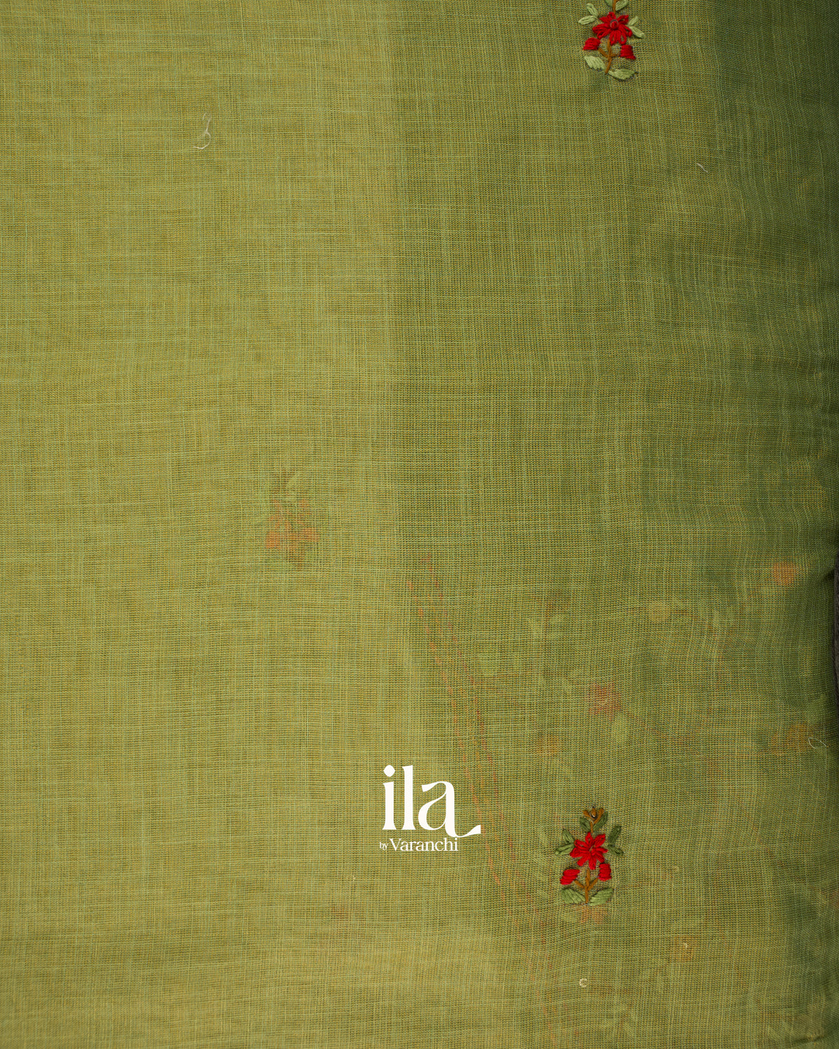 Olive Green Embroidered Semi Linen Tissue Saree — Full Saree