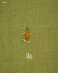 Olive Green Embroidered Semi Linen Tissue Saree — Body