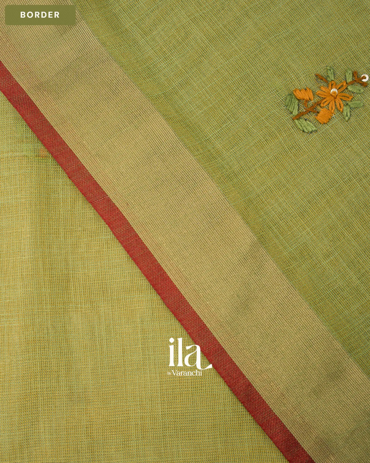 Olive Green Embroidered Semi Linen Tissue Saree — Border