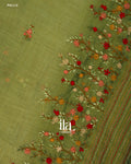 Olive Green Embroidered Semi Linen Tissue Saree — Pallu