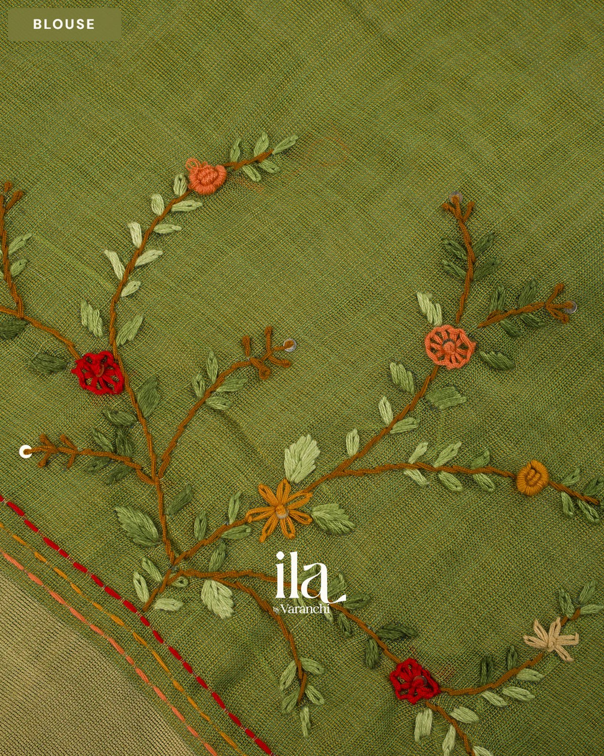 Olive Green Embroidered Semi Linen Tissue Saree — Blouse
