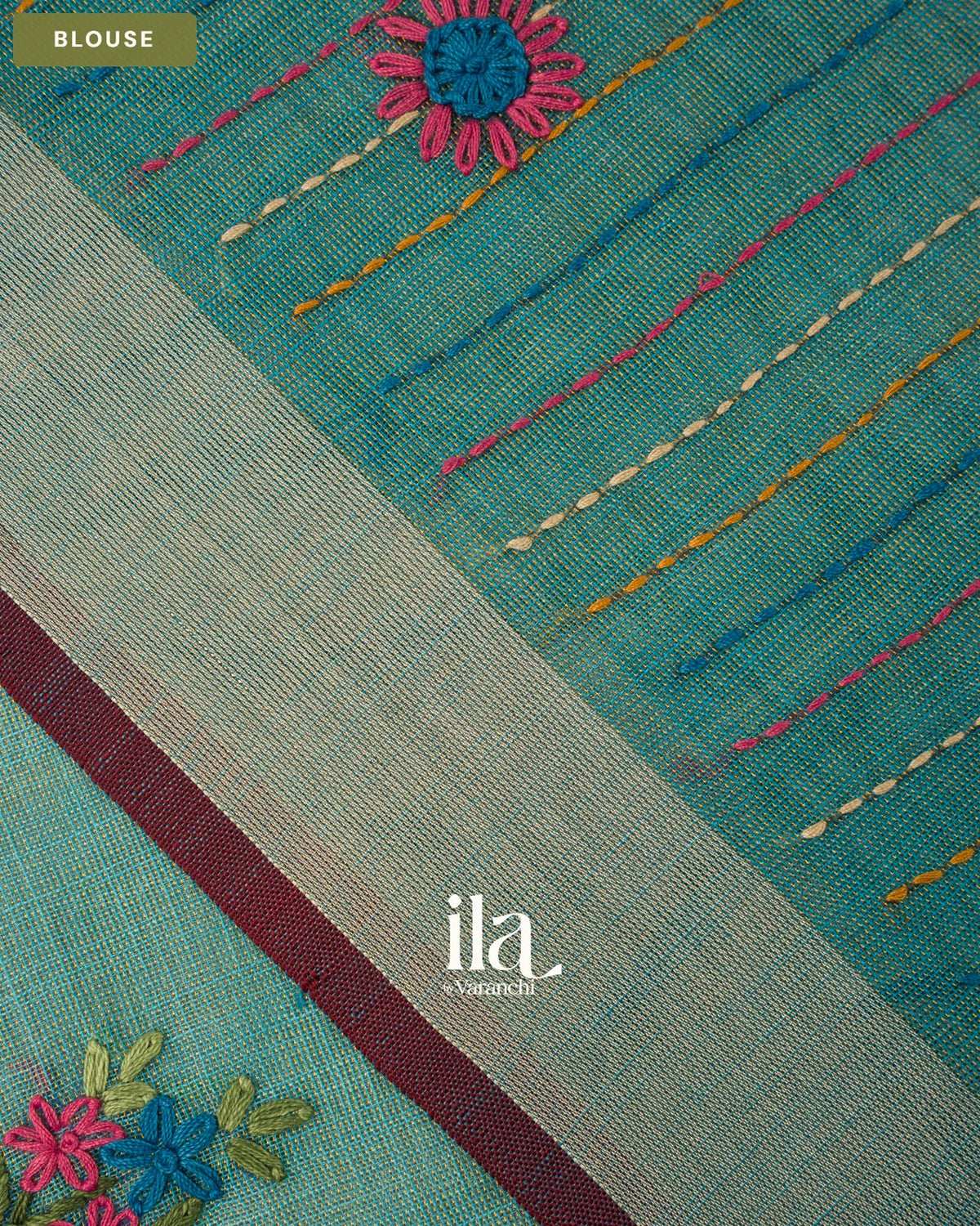 Deep Ice Blue Embroidered Semi Linen Tissue Saree — Blouse