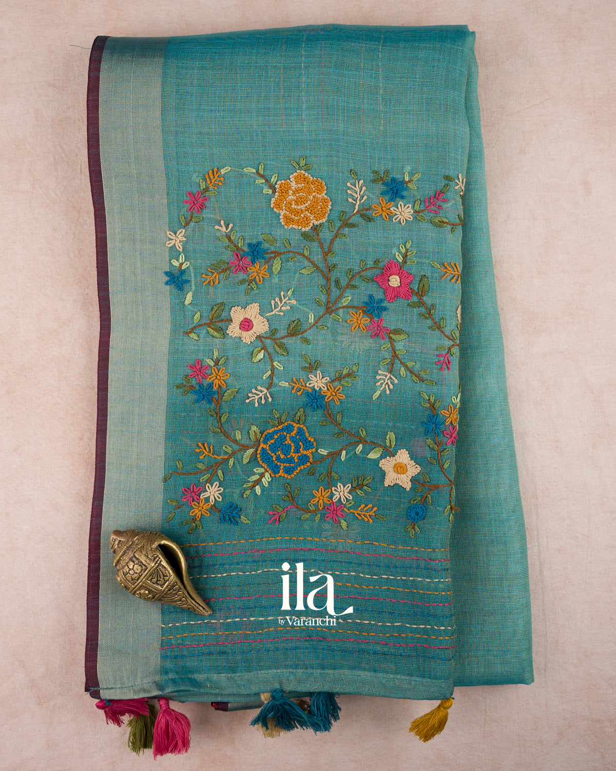 Deep Ice Blue Embroidered Semi Linen Tissue Saree — Folded
