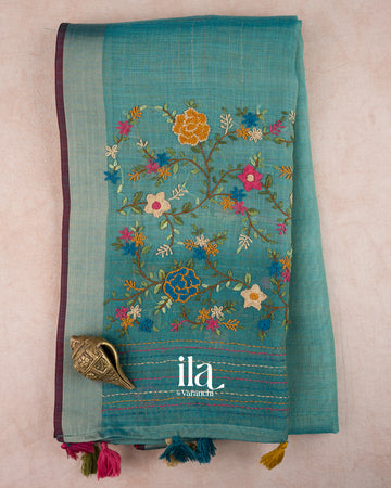 Deep Ice Blue Embroidered Semi Linen Tissue Saree — Folded
