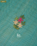 Deep Ice Blue Embroidered Semi Linen Tissue Saree — Body
