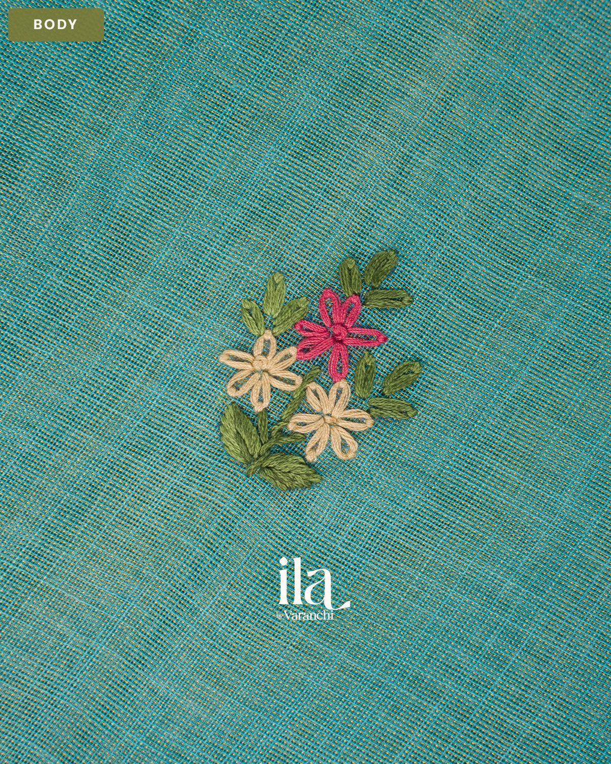 Deep Ice Blue Embroidered Semi Linen Tissue Saree — Body