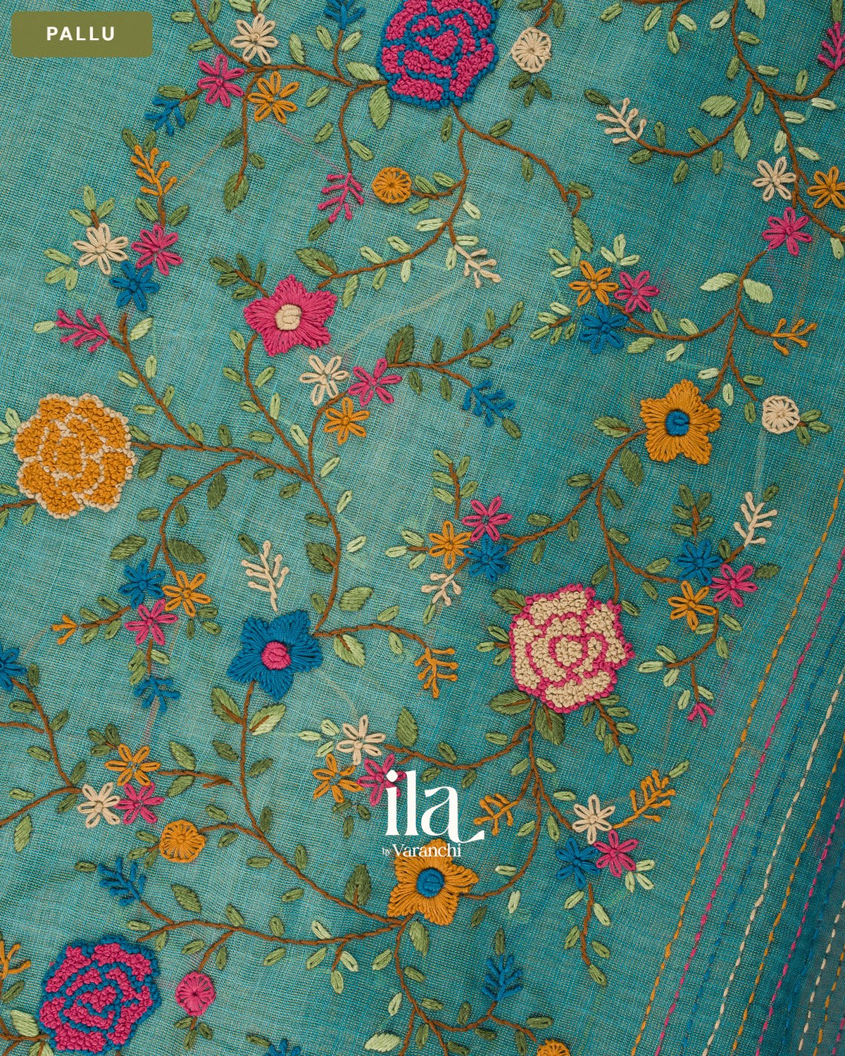 Deep Ice Blue Embroidered Semi Linen Tissue Saree — Pallu