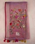 Muted Rose Embroidered Semi Linen Tissue Saree — Full Saree