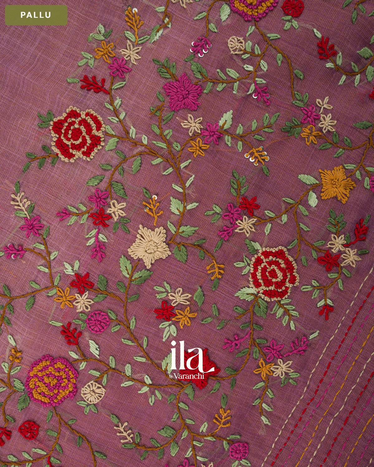 Muted Rose Embroidered Semi Linen Tissue Saree — Pallu