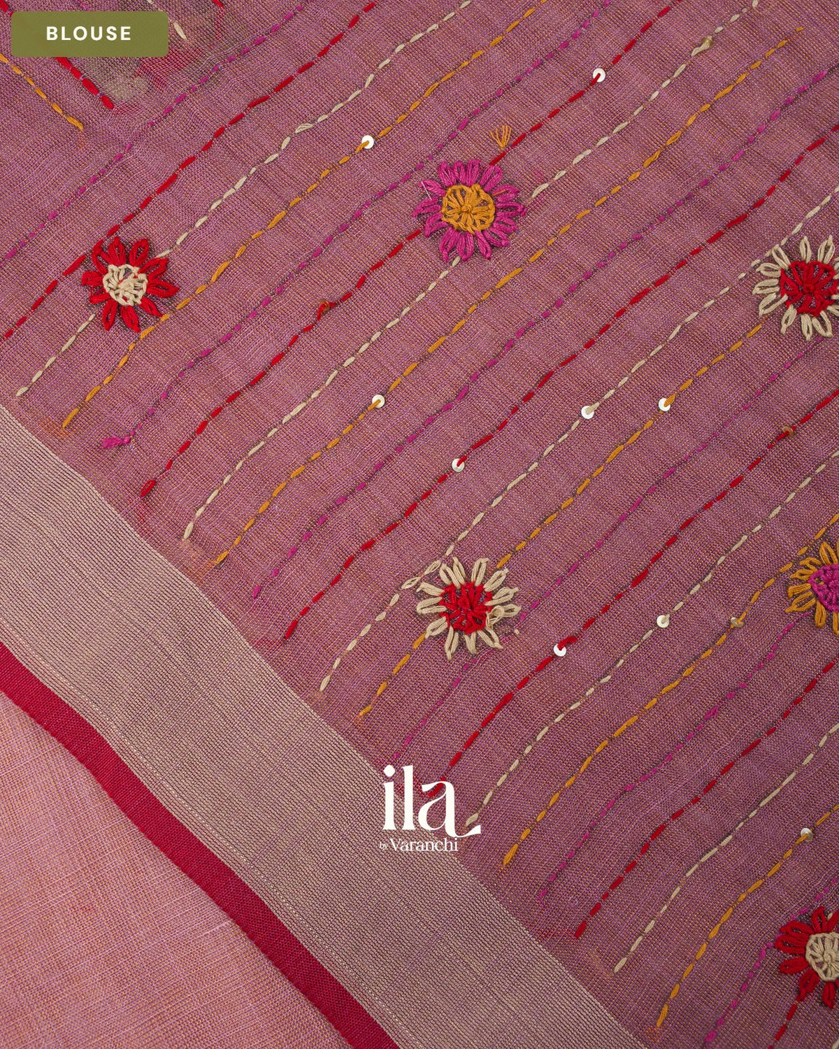 Muted Rose Embroidered Semi Linen Tissue Saree — Blouse