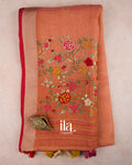 Coral Orange Embroidered Semi Linen Tissue Saree — Folded