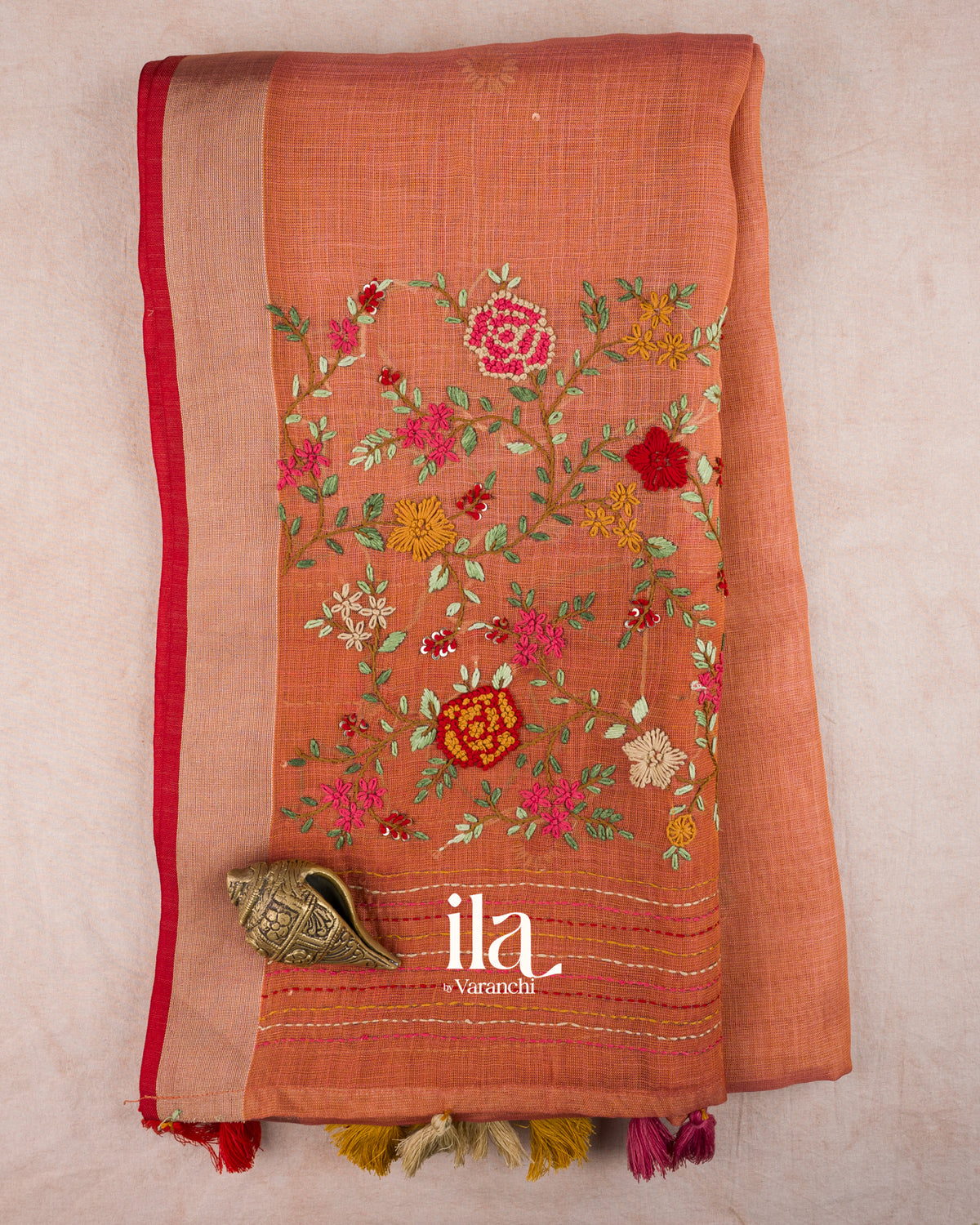 Coral Orange Embroidered Semi Linen Tissue Saree — Folded