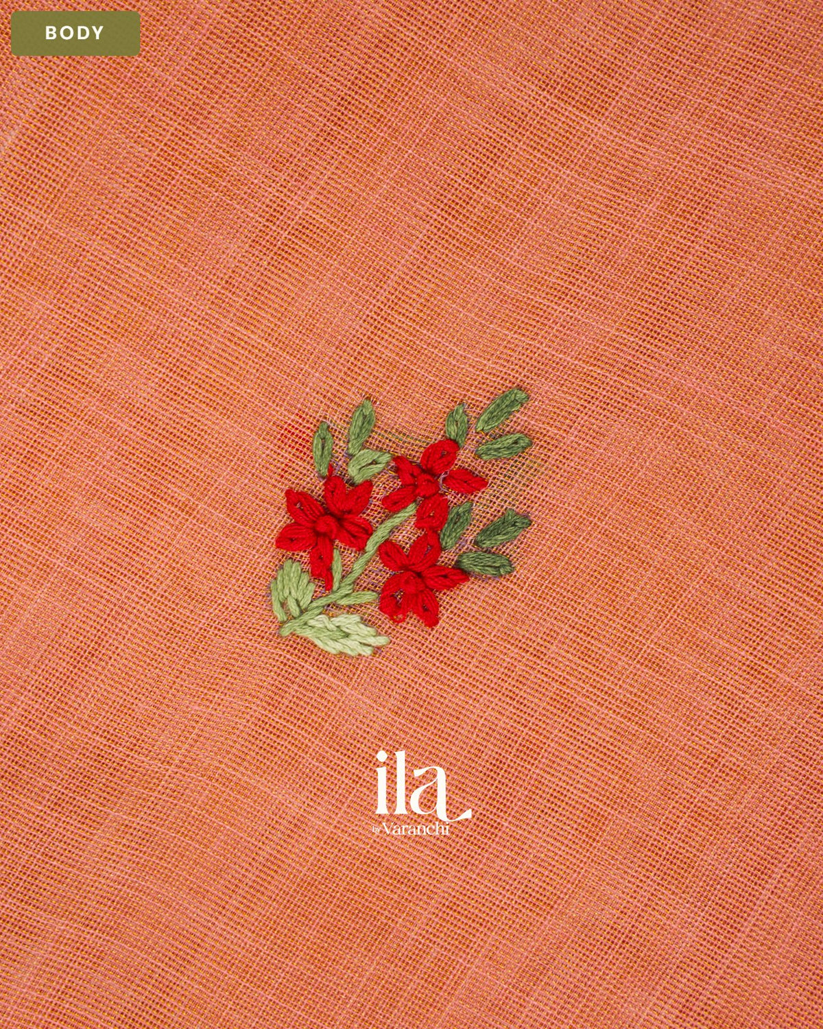 Coral Orange Embroidered Semi Linen Tissue Saree — Body