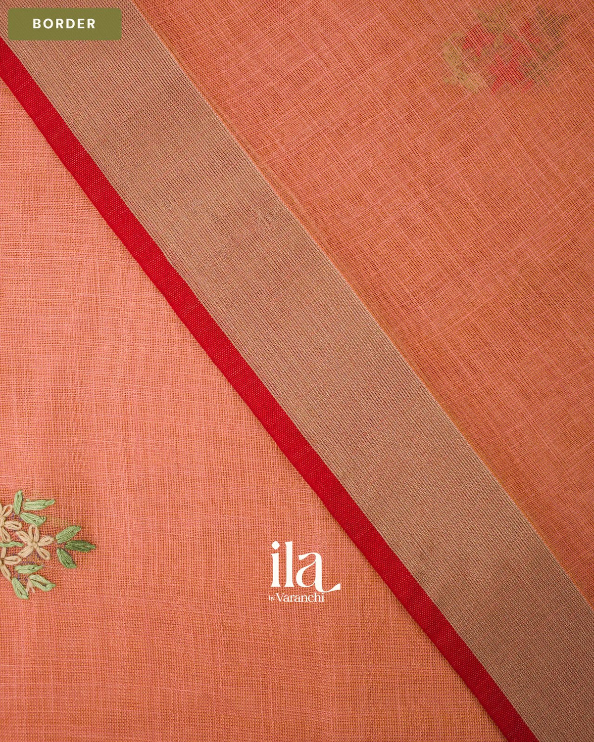 Coral Orange Embroidered Semi Linen Tissue Saree — Border