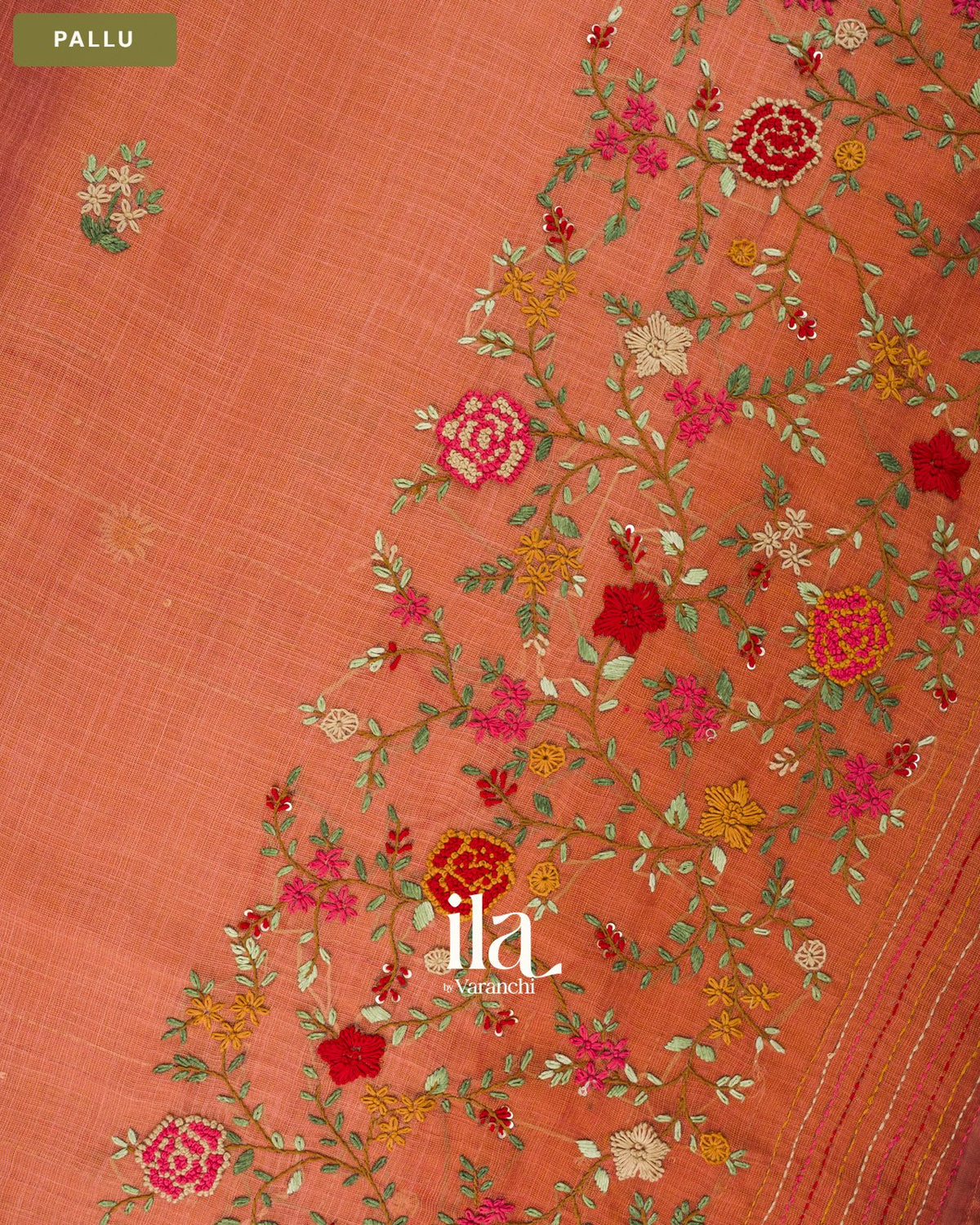 Coral Orange Embroidered Semi Linen Tissue Saree — Pallu