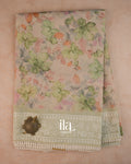 Beige Floral Print Chikankari Embroidered Semi Kota Saree — Full Saree