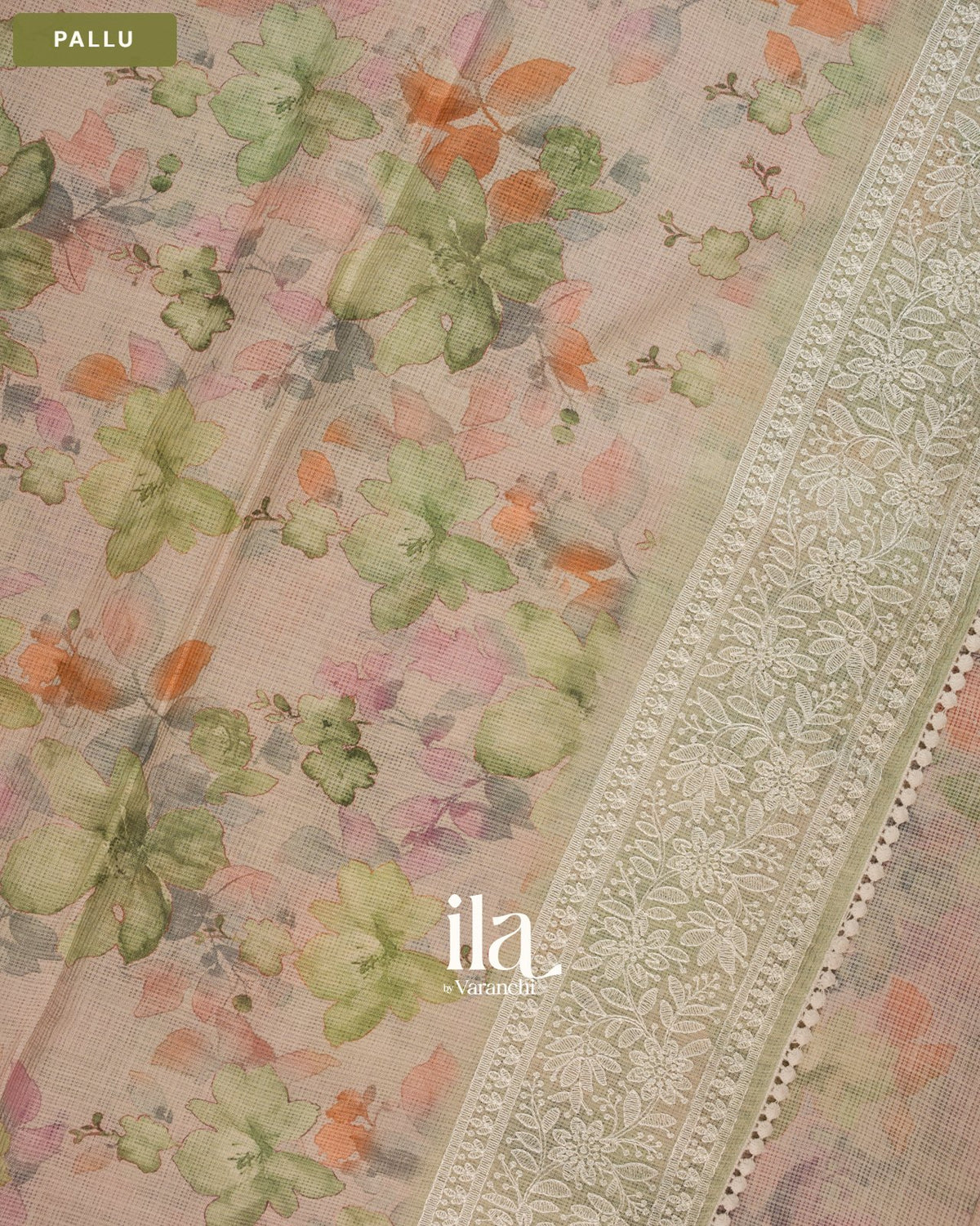 Beige Floral Print Chikankari Embroidered Semi Kota Saree — Pallu