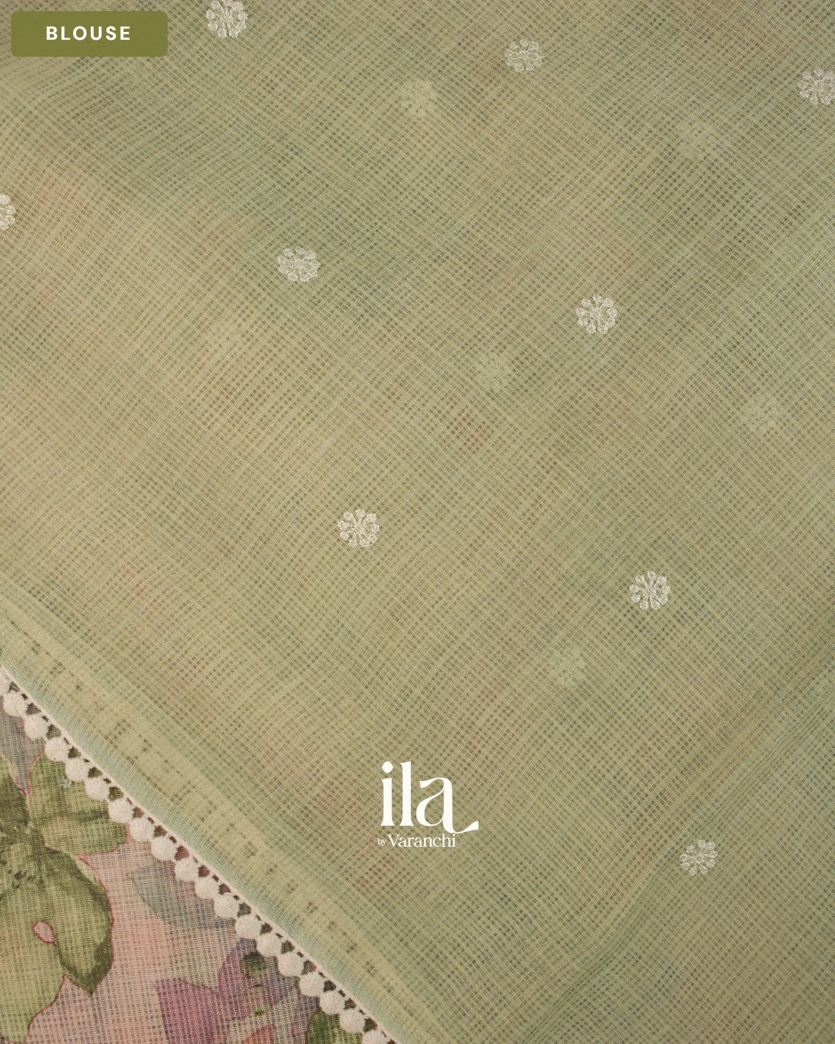 Beige Floral Print Chikankari Embroidered Semi Kota Saree — Blouse