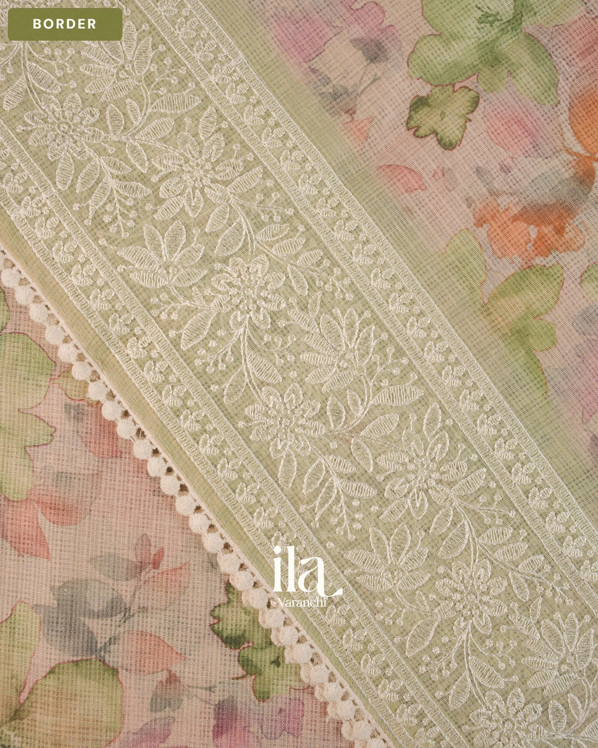 Beige Floral Print Chikankari Embroidered Semi Kota Saree — Border