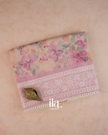 Beige Floral Print Chikankari Embroidered Semi Kota Saree — Folded
