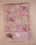 Beige Floral Print Chikankari Embroidered Semi Kota Saree — Full Saree
