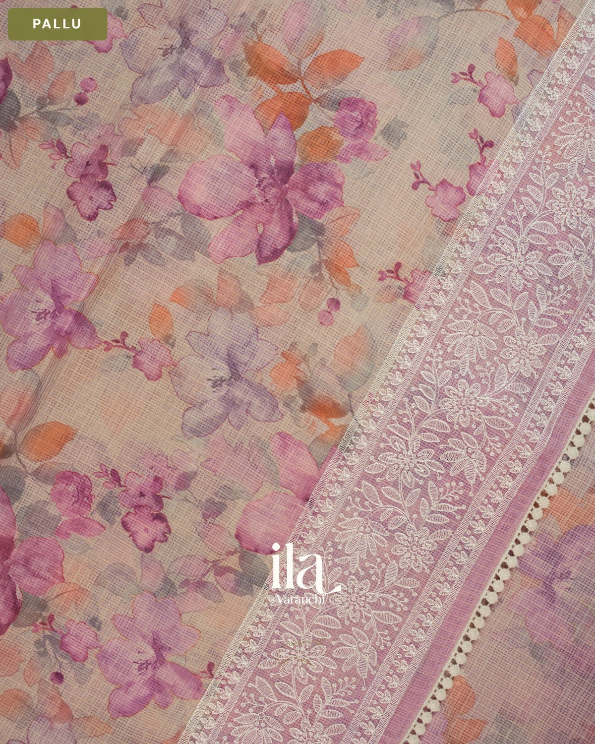 Beige Floral Print Chikankari Embroidered Semi Kota Saree — Pallu