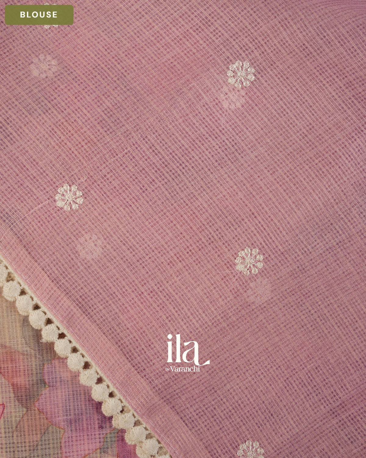 Beige Floral Print Chikankari Embroidered Semi Kota Saree — Blouse