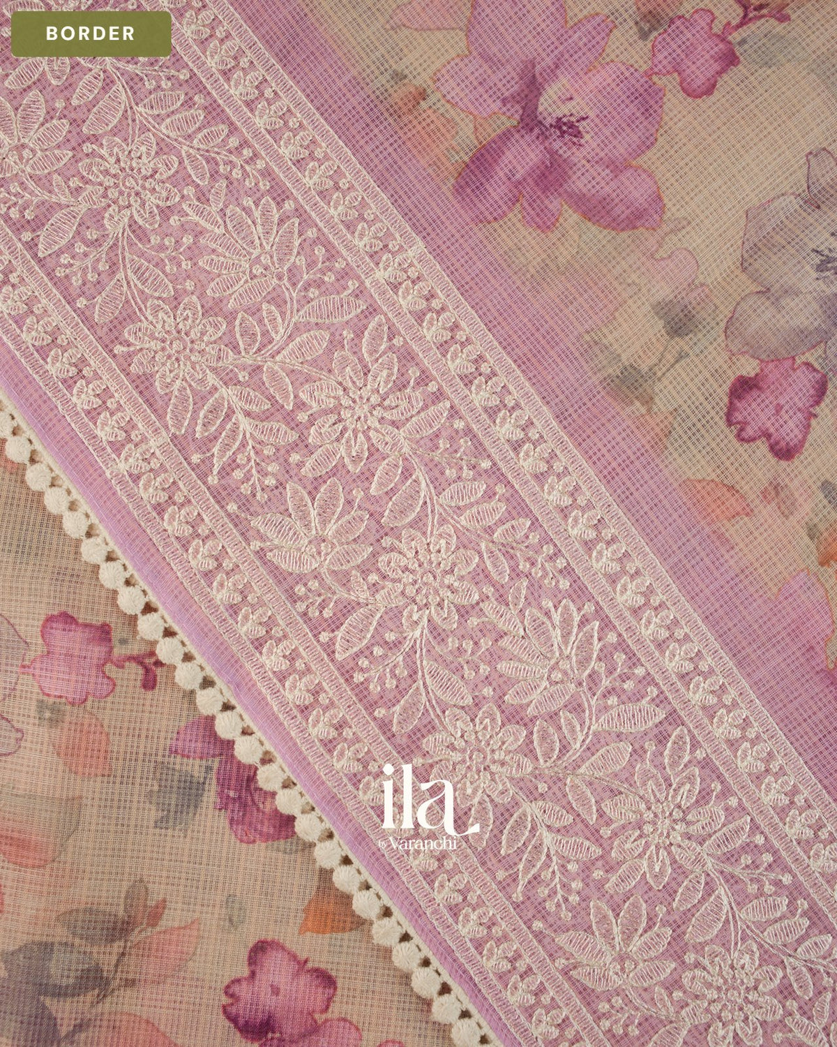 Beige Floral Print Chikankari Embroidered Semi Kota Saree — Border