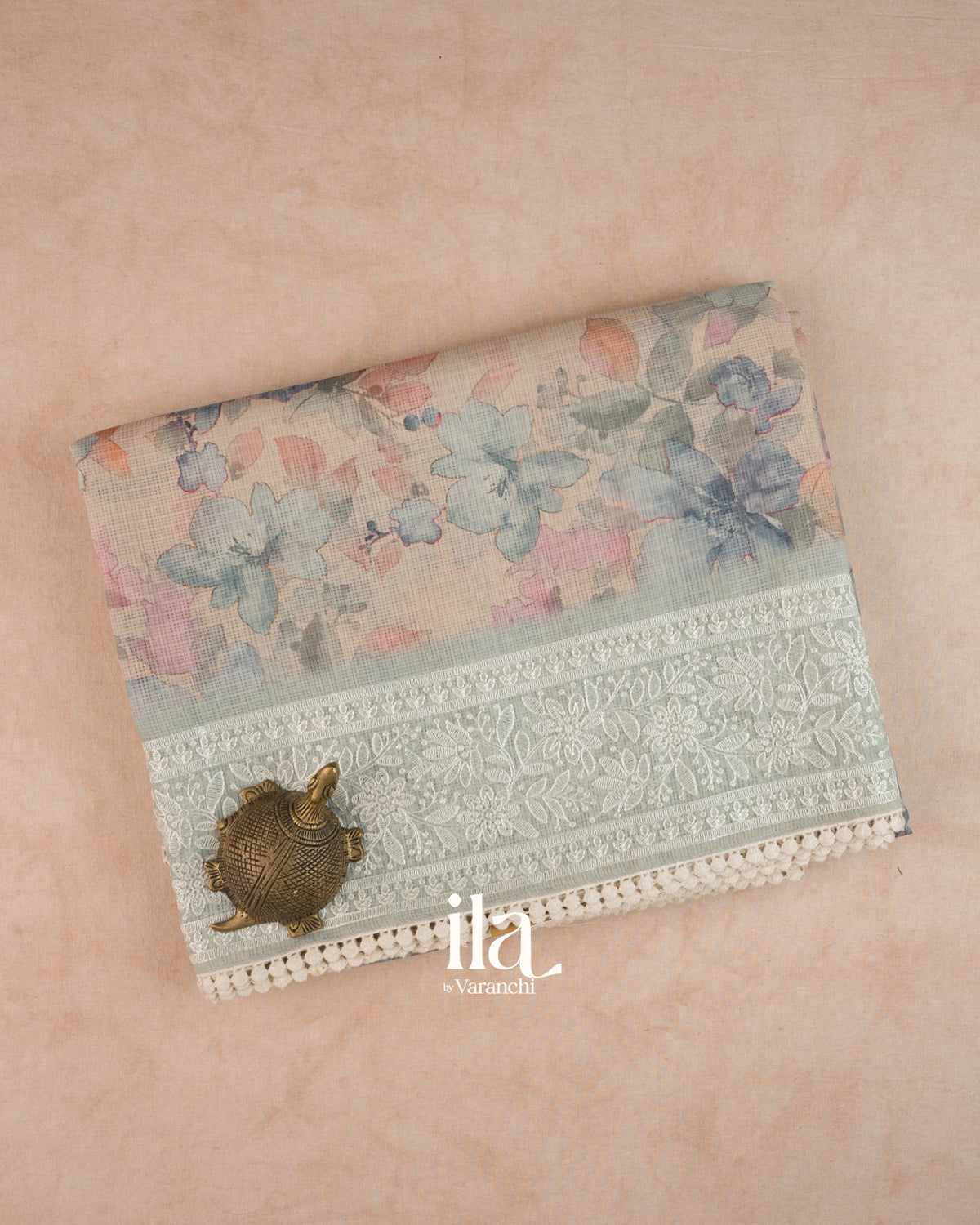 Beige Floral Print Chikankari Embroidered Semi Kota Saree — Folded