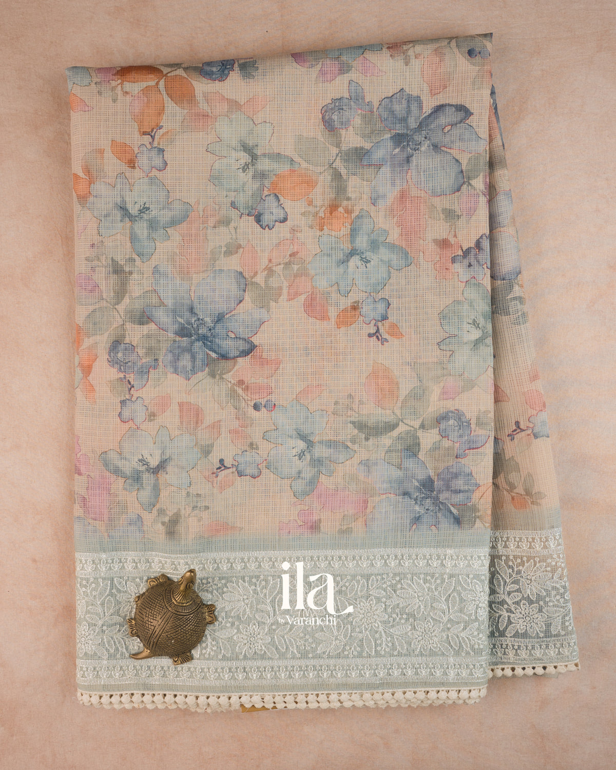 Beige Floral Print Chikankari Embroidered Semi Kota Saree — Full Saree