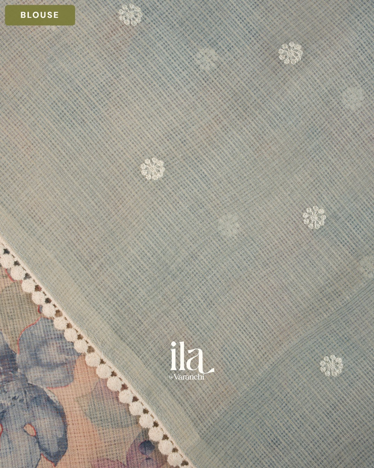 Beige Floral Print Chikankari Embroidered Semi Kota Saree — Blouse
