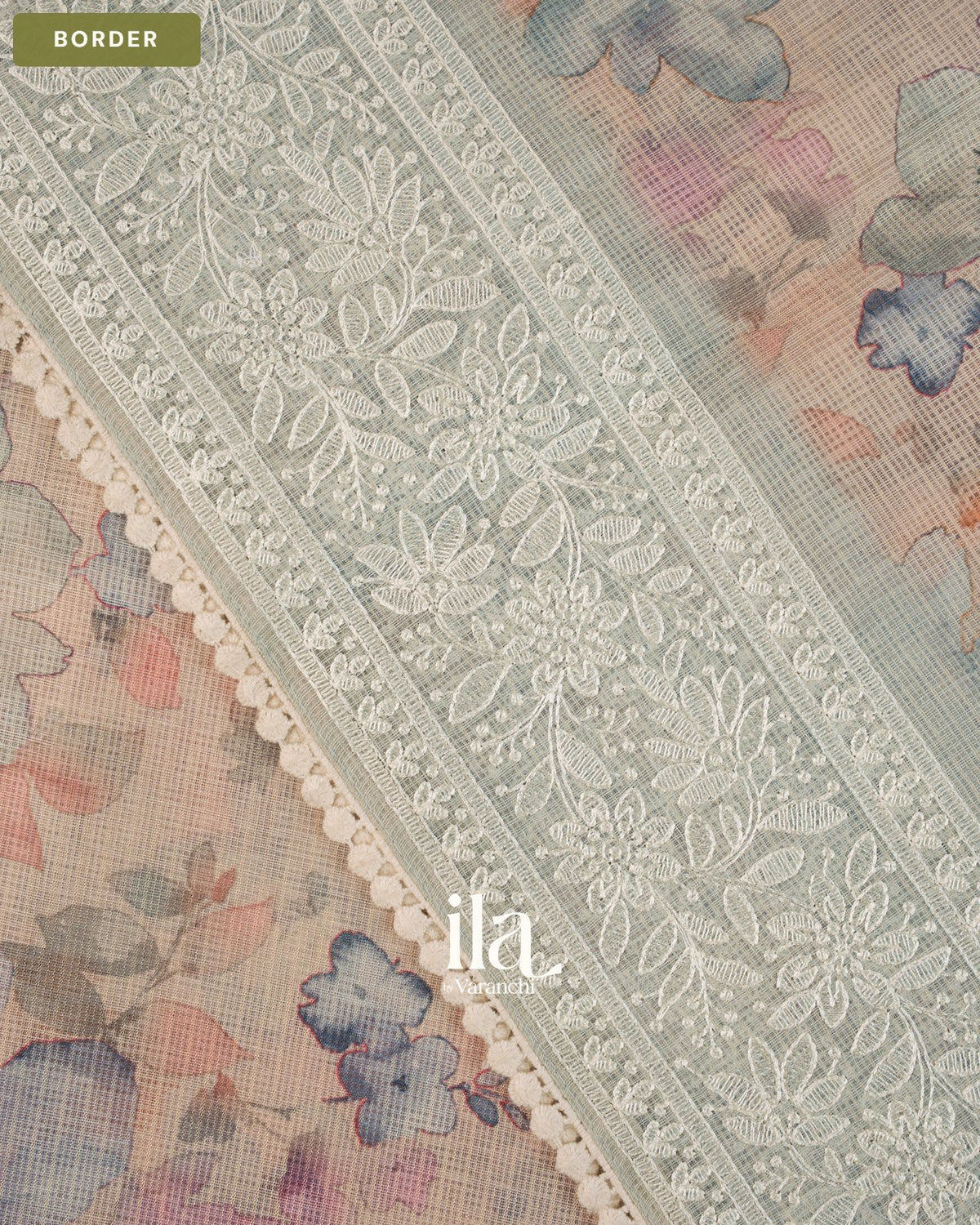 Beige Floral Print Chikankari Embroidered Semi Kota Saree — Border