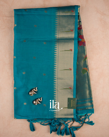 Teal Blue Paithani Semi Silk Saree — Folded