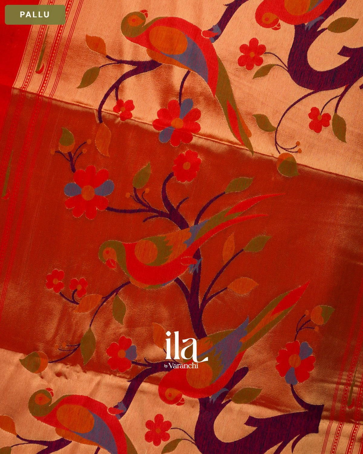 Tulip Red Paithani Semi Silk Saree — Pallu