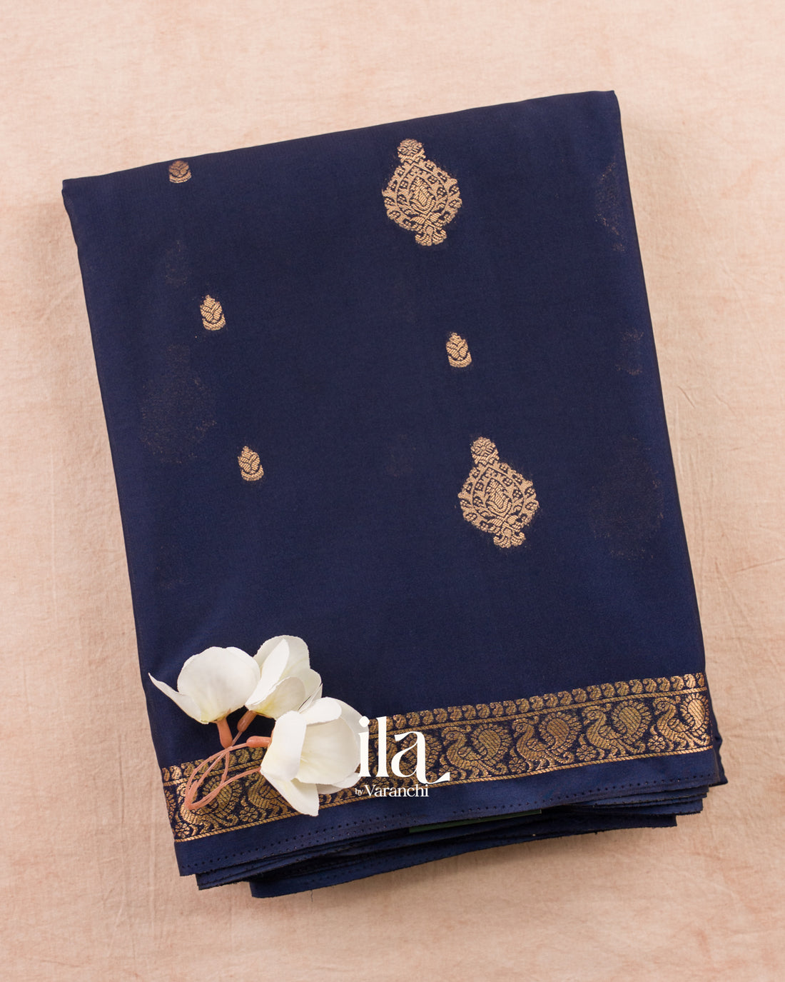 Navy Blue Semi Mysore Crepe Saree — Folded