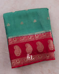 Teal Blue Semi Mysore Crepe Saree — Folded