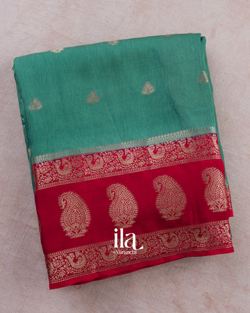 Teal Blue Semi Mysore Crepe Saree — Folded