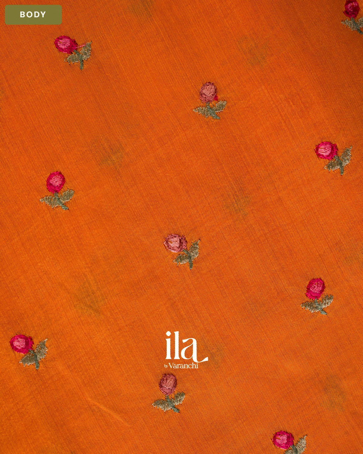 Orange Striped Floral Embroidered Assam Silk Saree — Body