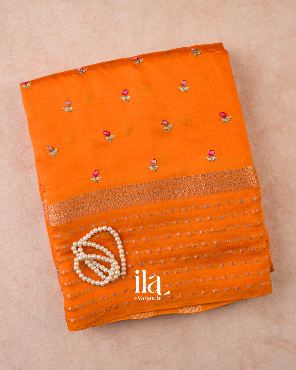Orange Striped Floral Embroidered Assam Silk Saree — Folded