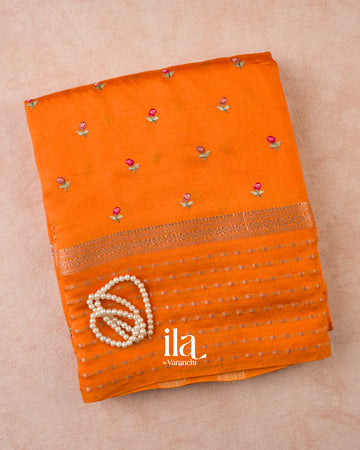 Orange Striped Floral Embroidered Assam Silk Saree — Folded