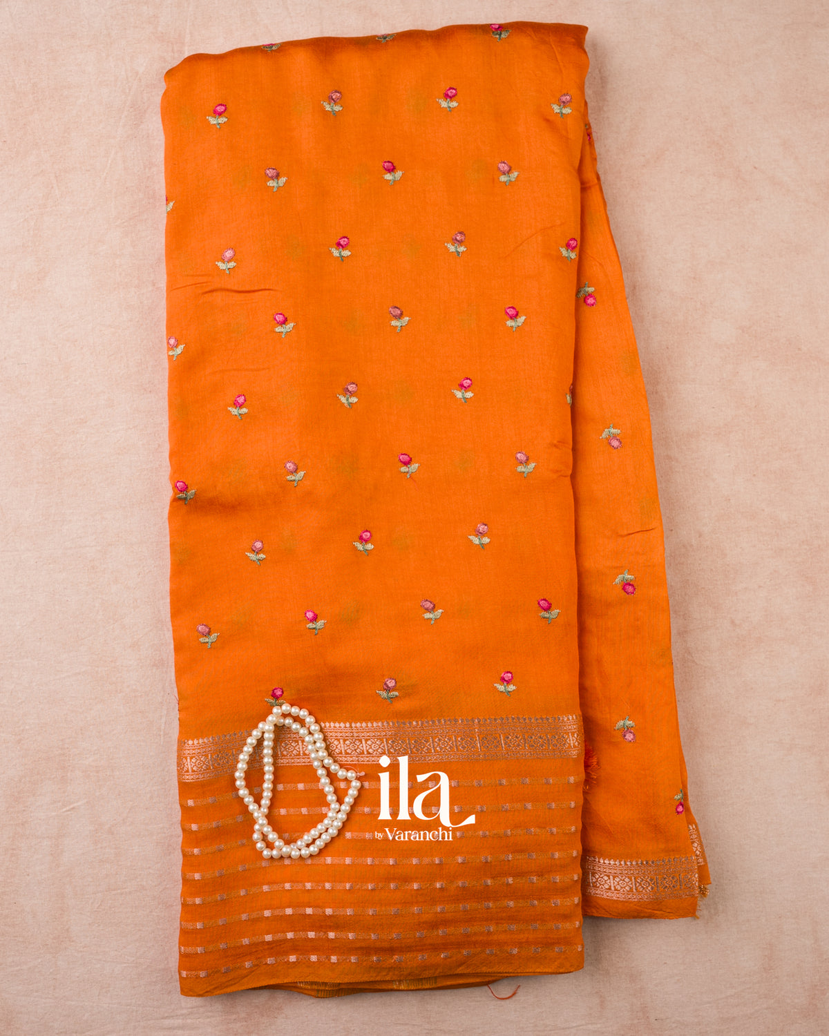 Orange Striped Floral Embroidered Assam Silk Saree — Full Saree